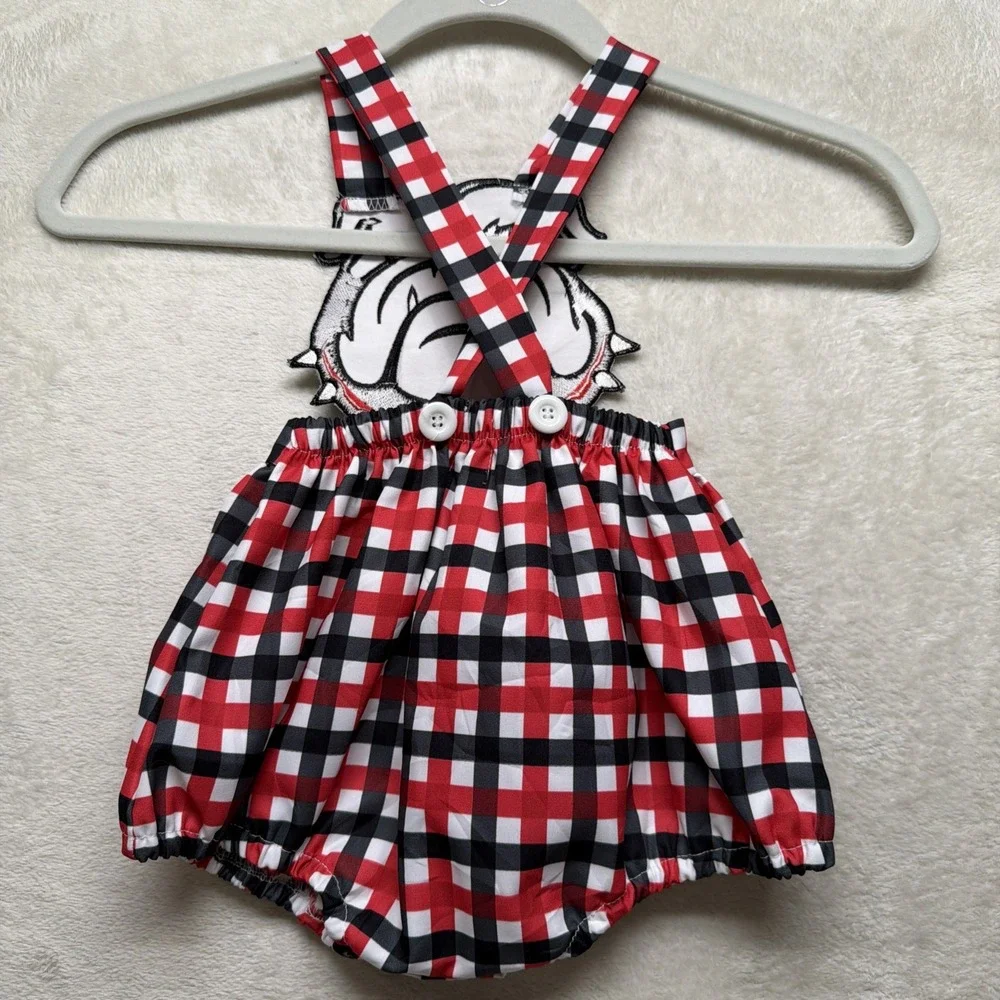 Georgia Bulldogs UGA Baby Bubble Romper Girls Simply Scarlett Smocks Gingham